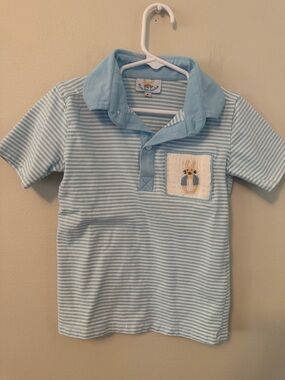 Busy Bees Smocks Light Blue Striped Polo Shirt with Smocked Bunny Patch